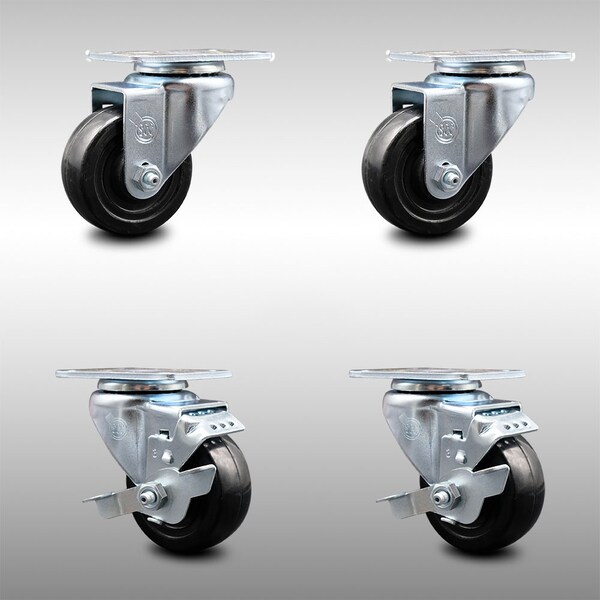 3 Inch SS Hard Rubber Wheel Swivel Top Plate Caster Set with 2 Brakes SCC